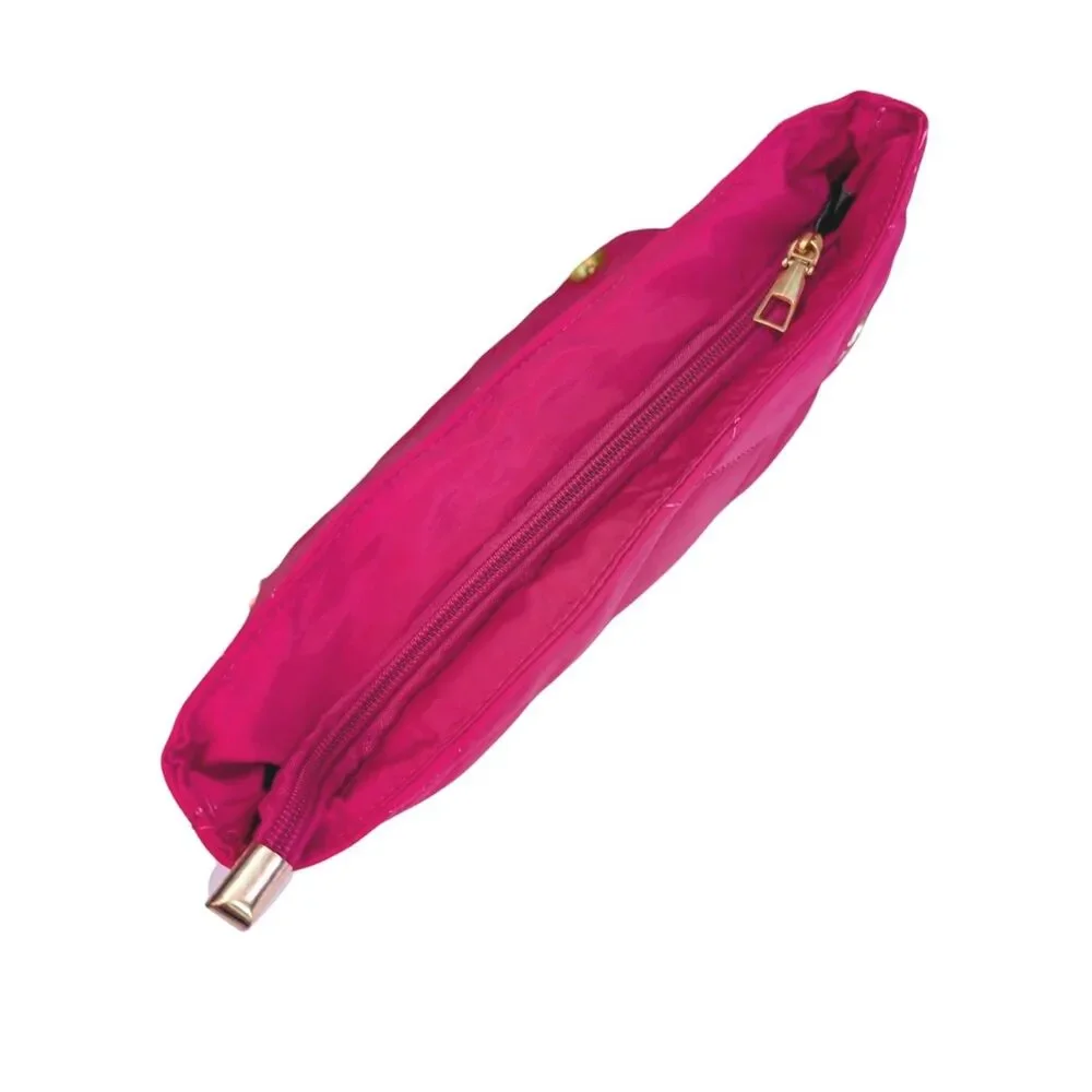 Neon Pink Quilted Nylon Rectangle Crossbody Shoulder Handbag With Chain